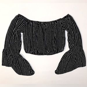 FASHION black white stripes off the shoulder crop top
